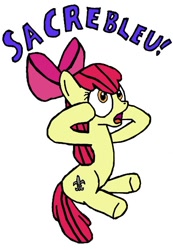 Size: 426x614 | Tagged: safe, artist:closer-to-the-sun, apple bloom, earth pony, pony, g4, the cutie pox, alternate cutie mark, female, filly, french, open mouth, sacrebloom, simple background, sitting, solo, white background