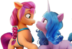 Size: 519x358 | Tagged: safe, edit, edited screencap, editor:itsmgh1203, screencap, izzy moonbow, sunny starscout, earth pony, pony, unicorn, g5, my little pony: a new generation, 3d, background removed, duo, eye contact, female, looking at each other, mare, open mouth, out of context, simple background, surprised, transparent background