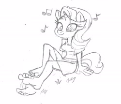 Size: 2237x1927 | Tagged: safe, artist:dertikleen, starlight glimmer, anthro, plantigrade anthro, g4, barefoot, clothes, cute, feet, fetish, foot fetish, foot tapping, glimmerbetes, grass, monochrome, music, music notes, sitting, skirt, smiling, solo, tapping, traditional art