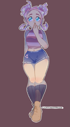 Size: 959x1721 | Tagged: safe, artist:iamsomesome, fluttershy, human, g4, alternate hairstyle, belly button, boots, brown background, clothes, female, humanized, midriff, shirt, shoes, shorts, simple background, socks, solo