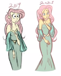 Size: 1627x2048 | Tagged: safe, artist:thechaoticboop, fluttershy, human, g4, 2019, 2021, clothes, comparison, draw this again, dress, female, humanized, redraw, simple background, sketch, solo, white background