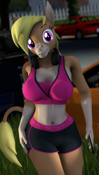 Size: 2160x3840 | Tagged: safe, artist:xxsfmartxx, oc, oc only, oc:nikytaequeen, donkey, anthro, 3d, clothes, commissioner:nickyequeen, headphones, high res, neighborhood, solo, source filmmaker, sports, sports bra, sunset