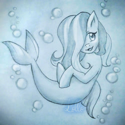Size: 1280x1281 | Tagged: safe, artist:lollothevaporeon, oc, oc only, merpony, seapony (g4), bubble, commission, dorsal fin, female, fish tail, flowing mane, flowing tail, monochrome, open mouth, signature, simple background, sketch, smiling, solo, swimming, tail, underwater, water
