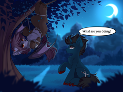 Size: 4444x3333 | Tagged: safe, artist:airiniblock, oc, oc only, oc:nyn indigo, oc:slashing prices, bat pony, hybrid, original species, pony, timber pony, timber wolf, unicorn, rcf community, bat wings, chest fluff, commission, crescent moon, cute, dialogue, duo, duo male, ear fluff, forest, forest background, grass, horn, leash, male, moon, night, paws, scar, speech bubble, tangled up, tree, unicorn oc, wings