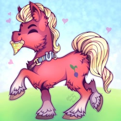 Size: 2048x2048 | Tagged: safe, artist:chocchippony, sprout cloverleaf, earth pony, pony, g5, ^^, cheek fluff, chest fluff, cute, ear fluff, eyes closed, floating heart, food, heart, high res, hoof fluff, leg fluff, male, mouth hold, pizza, raised hoof, solo, sproutbetes, stallion, unshorn fetlocks