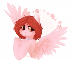 Size: 2310x2030 | Tagged: safe, artist:vird-gi, oc, oc only, oc:weathervane, pegasus, pony, bust, cheek fluff, chest fluff, ear fluff, female, flower, high res, mare, rose, simple background, solo, spread wings, white background, wings
