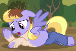 Size: 781x526 | Tagged: safe, artist:anonymous, cloud kicker, pegasus, pony, g4, /ptfg/, brown hair, clothes, dock, female, human to pony, light skin, lying down, mare, mid-transformation, open mouth, outdoors, pants, prone, show accurate, solo, tail growth, transformation, wing growth, wings