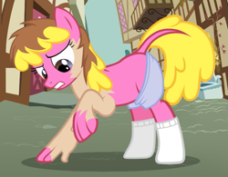 Size: 663x516 | Tagged: safe, artist:anonymous, cherry berry, earth pony, pony, g4, /ptfg/, boxers, brown hair, clothes, dock, eye color change, female, gritted teeth, human to pony, mare, mid-transformation, outdoors, raised hoof, show accurate, socks, solo, transformation, underwear