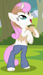 Size: 578x1017 | Tagged: safe, artist:anonymous, twinkleshine, pony, unicorn, g4, /ptfg/, bipedal, clothes, dock, eye color change, female, human to pony, mare, mid-transformation, open mouth, open smile, outdoors, pants, show accurate, smiling, solo, tail, transformation