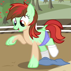 Size: 1129x1134 | Tagged: safe, artist:anonymous, candy apples, earth pony, pony, g4, /ptfg/, apple family member, boxers, clothes, clothes on floor, dock, female, human to pony, light skin, mare, mid-transformation, open mouth, open smile, outdoors, pants, raised hoof, show accurate, smiling, socks, solo, transformation, underwear