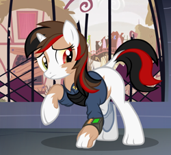 Size: 1110x1010 | Tagged: safe, artist:anonymous, oc, oc only, oc:blackjack, pony, unicorn, fallout equestria, fallout equestria: project horizons, /ptfg/, blank flank, brown hair, clothes, colored sclera, dock, fanfic art, female, frown, horn, human to pony, jumpsuit, mare, mid-transformation, pipbuck, raised hoof, show accurate, small horn, solo, transformation, vault suit, yellow sclera