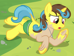 Size: 1484x1136 | Tagged: safe, artist:anonymous, lemon hearts, pony, unicorn, g4, /ptfg/, brown hair, clothes, dock, female, grass, human to pony, light skin, looking at self, lying down, mare, mid-transformation, on ground, open mouth, outdoors, prone, show accurate, solo, transformation, underwear
