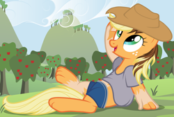 Size: 1108x751 | Tagged: safe, artist:anonymous, applejack, earth pony, pony, g4, /ptfg/, applejack's hat, clothes, cowboy hat, female, hat, human to pony, light skin, mare, mid-transformation, open mouth, open smile, outdoors, shirt, shorts, show accurate, smiling, solo, transformation