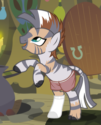 Size: 931x1157 | Tagged: safe, artist:anonymous, zecora, pony, zebra, g4, /ptfg/, bipedal, boxers, brown hair, clothes, female, human to pony, indoors, light skin, mid-transformation, open mouth, open smile, rearing, show accurate, smiling, sock, solo, transformation, underwear, zecora's hut