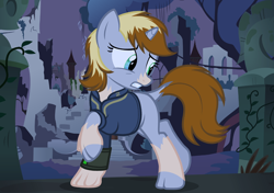 Size: 1294x912 | Tagged: safe, artist:anonymous, oc, oc only, oc:littlepip, pony, unicorn, fallout equestria, /ptfg/, blonde hair, castle of the royal pony sisters, clothes, dock, female, gritted teeth, human to pony, jumpsuit, light skin, mare, mid-transformation, outdoors, pipbuck, ruins, show accurate, solo, transformation, vault suit