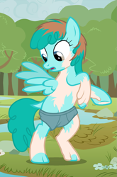 Size: 857x1297 | Tagged: safe, artist:anonymous, spring melody, sprinkle medley, pegasus, pony, g4, /ptfg/, bipedal, boxers, brown hair, clothes, dock, female, human to pony, light skin, mare, mid-transformation, open mouth, outdoors, show accurate, solo, spread wings, transformation, underwear, wings