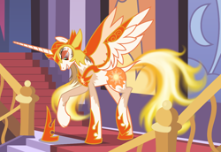 Size: 1158x796 | Tagged: safe, artist:anonymous, daybreaker, alicorn, pony, g4, /ptfg/, dock, fangs, female, grin, hoof shoes, human to pony, indoors, light skin, mare, mid-transformation, peytral, princess shoes, raised hoof, show accurate, smiling, solo, transformation