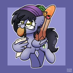 Size: 1000x1000 | Tagged: safe, artist:sugar morning, oc, oc only, oc:nightshade (pegasus), pegasus, pony, baguette, beanie, bread, burger, ear piercing, female, food, glasses, hat, jewelry, mare, mouth hold, paper bag, piercing, solo, wing hold