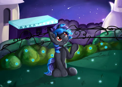 Size: 1280x915 | Tagged: safe, artist:appleneedle, oc, oc:shadow dust, butterfly, pony, unicorn, art, canterlot, character, commission, digital, draw, drawing, fanart, flower, garden, glowing, magic, moon, nature, night, paint, painting, sky, stars