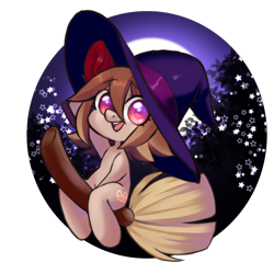 Size: 2067x2067 | Tagged: safe, artist:yamikonek0, oc, oc only, oc:yamiko, earth pony, pony, broom, chibi, flying, flying broomstick, halloween, hat, high res, holiday, moon, night, simple background, solo, transparent background, witch, witch hat