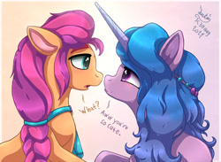 Size: 1300x950 | Tagged: safe, artist:joakaha, izzy moonbow, sunny starscout, pony, unicorn, g5, dialogue, duo, eye contact, female, lesbian, looking at each other, mare, open mouth, ship:moonscout, shipping, smiling