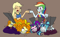 Size: 2292x1408 | Tagged: safe, artist:bugssonicx, adagio dazzle, applejack, aria blaze, rainbow dash, sonata dusk, human, equestria girls, g4, arm behind back, bondage, bound and gagged, clothes, eyes closed, female, fist bump, flippers (gear), gag, geode of super speed, geode of super strength, grin, help us, hogtied, magical geodes, open mouth, open smile, punish the villain, revenge, smiling, sweat, sweatdrop, swimsuit, tape, tape gag, the dazzlings, tied up, wetsuit
