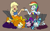 Size: 2292x1408 | Tagged: safe, artist:bugssonicx, adagio dazzle, applejack, aria blaze, rainbow dash, sonata dusk, human, equestria girls, g4, arm behind back, bondage, bound and gagged, clothes, eyes closed, female, fist bump, flippers (gear), gag, geode of super speed, geode of super strength, grin, help us, hogtied, magical geodes, open mouth, open smile, punish the villain, revenge, smiling, sweat, sweatdrop, swimsuit, tape, tape gag, the dazzlings, tied up, vengeance, wetsuit