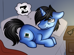 Size: 1280x960 | Tagged: safe, artist:sabrib, oc, oc only, oc:tinker doo, pony, unicorn, bags under eyes, bed, exhausted, floppy ears, glasses, insomnia, lying down, male, solo, stallion, tired