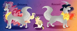 Size: 4096x1638 | Tagged: safe, artist:inisealga, oc, oc only, oc:drisana, oc:pandemonium, oc:ravant, draconequus, hybrid, interspecies offspring, offspring, parent:discord, parent:princess celestia, parents:dislestia