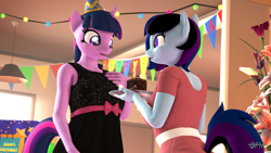 Size: 1920x1080 | Tagged: safe, artist:anthroponiessfm, twilight sparkle, oc, oc:maple cake, anthro, g4, 3d, birthday, birthday cake, cake, clothes, cute, dress, female, food, happy, happy birthday, hat, implied tail hole, looking at each other, party hat, source filmmaker