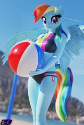 Size: 2560x3840 | Tagged: safe, artist:shadowboltsfm, rainbow dash, anthro, plantigrade anthro, 3d, adorasexy, beach, beach ball, blender, breasts, bronybait, clothes, cute, eyelashes, female, high res, looking at you, nail polish, not sfm, sexy, smiling, solo, swimsuit, talking to viewer, text, wings