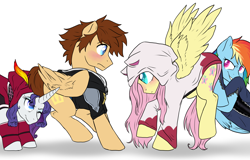 Size: 3000x1925 | Tagged: safe, artist:not-ordinary-pony, fluttershy, rainbow dash, rarity, pegasus, pony, unicorn, fanfic:kingdom hearts of harmony, g4, blushing, clothes, commission, crossover, crossover shipping, disney, female, kingdom hearts, kingdom hearts of harmony, male, mare, one eye closed, ponified, pushing, shipper on deck, shipping, simple background, sora, sorashy, stallion, straight