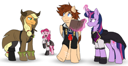 Size: 3645x1884 | Tagged: safe, artist:not-ordinary-pony, applejack, pinkie pie, twilight sparkle, earth pony, pegasus, pony, unicorn, fanfic:kingdom hearts of harmony, g4, angry, clothes, commission, crossover, disney, ignoring, kingdom hearts, kingdom hearts of harmony, laughing, ponified, pouting, simple background, sora