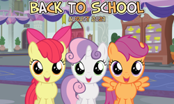 Size: 2064x1242 | Tagged: safe, artist:not-yet-a-brony, apple bloom, scootaloo, sweetie belle, earth pony, pegasus, pony, unicorn, g4, 2021, adorabloom, back to school, cute, cutealoo, cutie mark crusaders, diasweetes, female, filly, friendship tutors, looking at you, open mouth, open smile, school of friendship, smiling, smiling at you, spread wings, trio, trio female, wings, youtube link in the description
