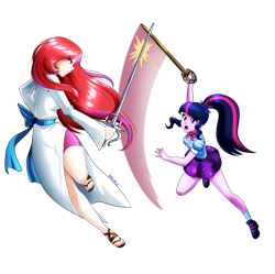 Size: 5000x4980 | Tagged: safe, artist:danmakuman, moondancer, sci-twi, twilight sparkle, human, fanfic:spectacular seven, equestria girls, g4, absurd resolution, clothes, dress, duo, equestria girls-ified, fight, simple background, sword, sword fight, transparent background, weapon
