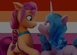 Size: 2038x1440 | Tagged: safe, edit, edited screencap, screencap, izzy moonbow, sunny starscout, pony, unicorn, g5, my little pony: a new generation, spoiler:my little pony: a new generation, 3d, female, lenticular screen, lesbian, lesbian pride flag, pinterest, pride, pride flag, ship:moonscout, shipping
