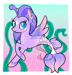 Size: 750x782 | Tagged: safe, artist:syrcaid, oc, oc only, seapony (g4), blue eyes, digital art, dorsal fin, female, fin wings, fins, fish tail, flowing mane, flowing tail, ocean, purple mane, seaweed, simple background, solo, tail, underwater, water, watermark, wings