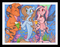 Size: 936x736 | Tagged: safe, artist:zervon, oc, oc only, earth pony, fish, seapony (g4), unicorn, bubble, coral, dorsal fin, drink, eyelashes, eyes closed, female, fin wings, fish tail, flowing mane, flowing tail, green eyes, looking at each other, male, milkshake, ocean, open mouth, seaponified, seaquestria, seaweed, smiling, species swap, tail, underwater, water, wings