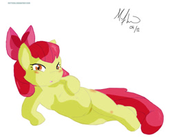 Size: 1000x800 | Tagged: safe, artist:makoruu, apple bloom, earth pony, pony, g4, belly button, bored, female, filly, lying down, solo