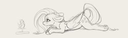 Size: 3456x1056 | Tagged: safe, artist:miokomata, fluttershy, bird, pegasus, pony, g4, ass up, cute, female, floppy ears, freckles, freckleshy, grayscale, looking at something, lying down, mare, monochrome, prone, shyabetes, simple background, sketch, solo, white background