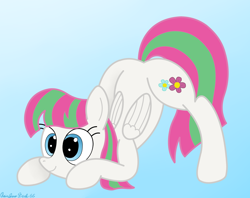 Size: 3018x2392 | Tagged: safe, artist:rainbowšpekgs, blossomforth, pegasus, pony, g4, adoraforth, cute, face down ass up, female, gradient background, high res, jack-o challenge, mare, meme, smiling, solo, wings