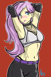 Size: 2000x3000 | Tagged: safe, artist:nolyanimeid, fluttershy, equestria girls, arm behind head, armpits, belly button, belt, blushing, choker, clothes, eyeshadow, female, gloves, goth, high res, long gloves, looking away, makeup, red background, simple background, solo, tattoo