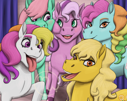 Size: 2500x2000 | Tagged: safe, artist:azurllinate, butterscotch (g3), minty, rainbow dash (g3), sunny daze (g3), wysteria, earth pony, pony, g3, best friends, blushing, cheek squish, curtains, eyelashes, female, green eyes, happy, high res, hooves, long mane, looking at each other, mare, multicolored mane, open mouth, orange eyes, photo booth, pink mane, purple eyes, smiling, squishy cheeks, thick eyebrows, tongue out, wavy mane, yellow mane