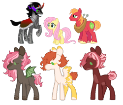 Size: 672x573 | Tagged: safe, artist:inkprism, big macintosh, fluttershy, king sombra, oc, earth pony, pegasus, pony, unicorn, g4, base used, bat wings, bisexual, female, gay, magical gay spawn, male, offspring, parent:big macintosh, parent:fluttershy, parent:king sombra, parents:fluttermac, parents:sombrashy, parents:sombratosh, polyamory, ship:fluttermac, ship:sombrashy, shipping, simple background, sombratosh, straight, transparent background, wings