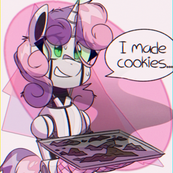 Size: 1000x1000 | Tagged: safe, artist:provolonepone, sweetie belle, pony, robot, robot pony, unicorn, g4, burnt, chromatic aberration, cookie, cooking, dialogue, eye clipping through hair, food, messy mane, oven mitts, solo, speech bubble, sweetie belle can't cook, sweetie bot, sweetie fail