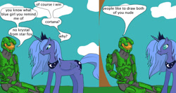 Size: 1280x683 | Tagged: safe, artist:thet7770ify, princess luna, alicorn, pony, comic:master chief and luna hanging out, g4, armor, backwards cutie mark, cloud, comic, crossover, dialogue, duo, female, halo (series), jewelry, lidded eyes, male, mare, master chief, outdoors, peytral, s1 luna, sitting, speech bubble, tiara, tree, wide eyes