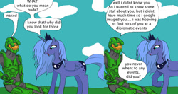 Size: 1280x683 | Tagged: safe, artist:thet7770ify, princess luna, alicorn, pony, comic:master chief and luna hanging out, g4, angry, armor, cloud, comic, crossover, dialogue, duo, female, halo (series), jewelry, male, mare, master chief, open mouth, outdoors, peytral, raised hoof, s1 luna, sitting, speech bubble, teary eyes, tiara