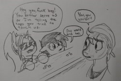 Size: 2048x1376 | Tagged: safe, artist:pony quarantine, oc, oc only, oc:dyx, oc:filly anon, female, filly, grayscale, monochrome, pencil drawing, speech bubble, traditional art, trio