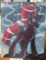 Size: 1478x1920 | Tagged: safe, artist:annuthecatgirl, tempest shadow, pony, unicorn, g4, female, lightning, mare, missing cutie mark, painting, solo, storming, traditional art
