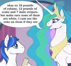 Size: 700x648 | Tagged: safe, artist:sekiryn, princess celestia, alicorn, earth pony, pony, g4, clipboard, dialogue, drugs, duo, female, implied drug use, implied stripping, jewelry, looking at each other, male, mare, master chief and luna hanging out, meme, misspelling, open mouth, peytral, redraw, smiling, speech bubble, stallion, tiara